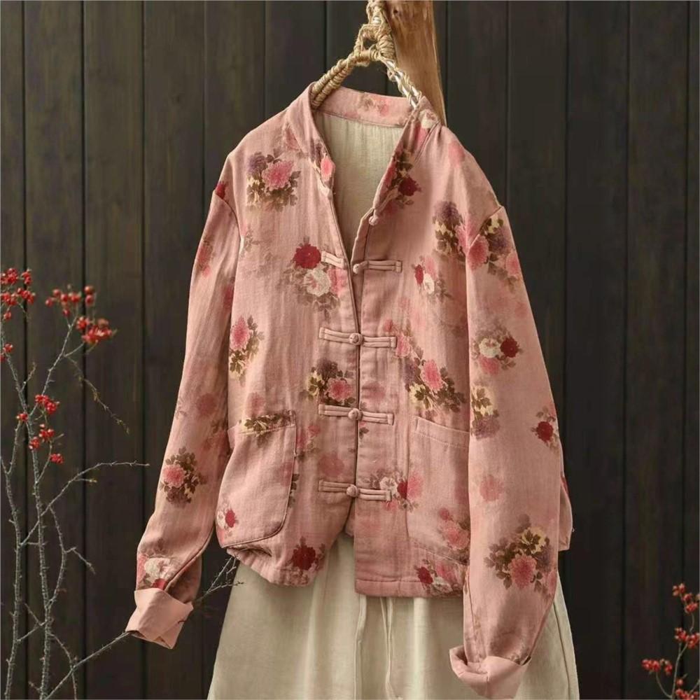 Johnature Women Vintage Print Floral Jackets Stand Long Sleeve Autumn Coats Loose Patchwork Pockets Chinese Style Jackets