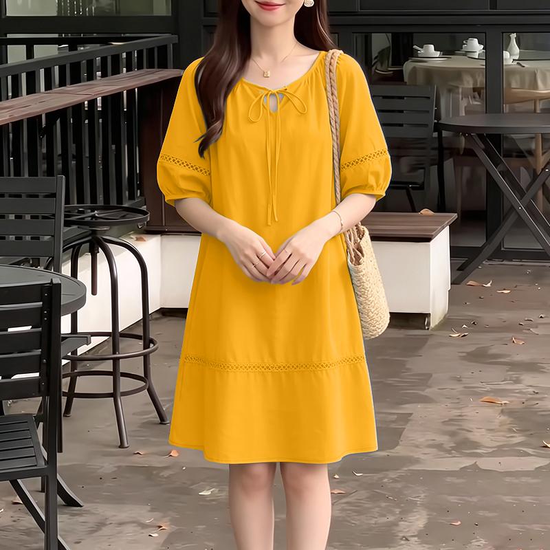 ZANZEA Womens Casual Round Neck Solid Color Half Sleeve Loose Midi Dress S жёлтый