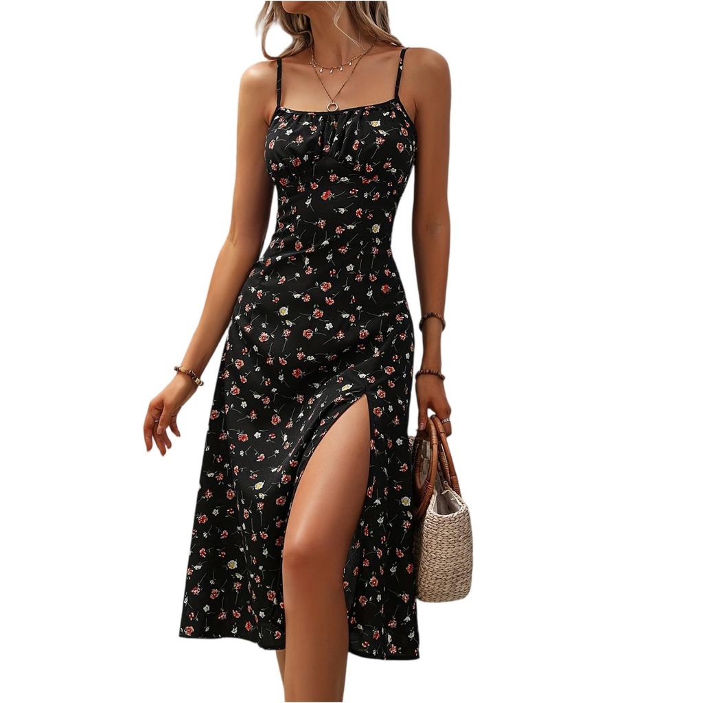Women Summer Floral Midi Dresses Casual Spaghetti Strap Sleeveless Ruched Split Slit Long Dresses
