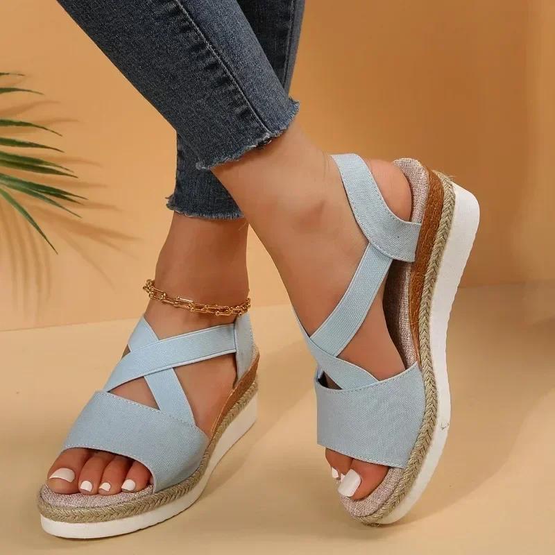 2024 Women's Shoes Elastic Strap Women's Sandals Fashion Outdoor Casual Beach Sandals Women's New Open Toe Wedge Sandals