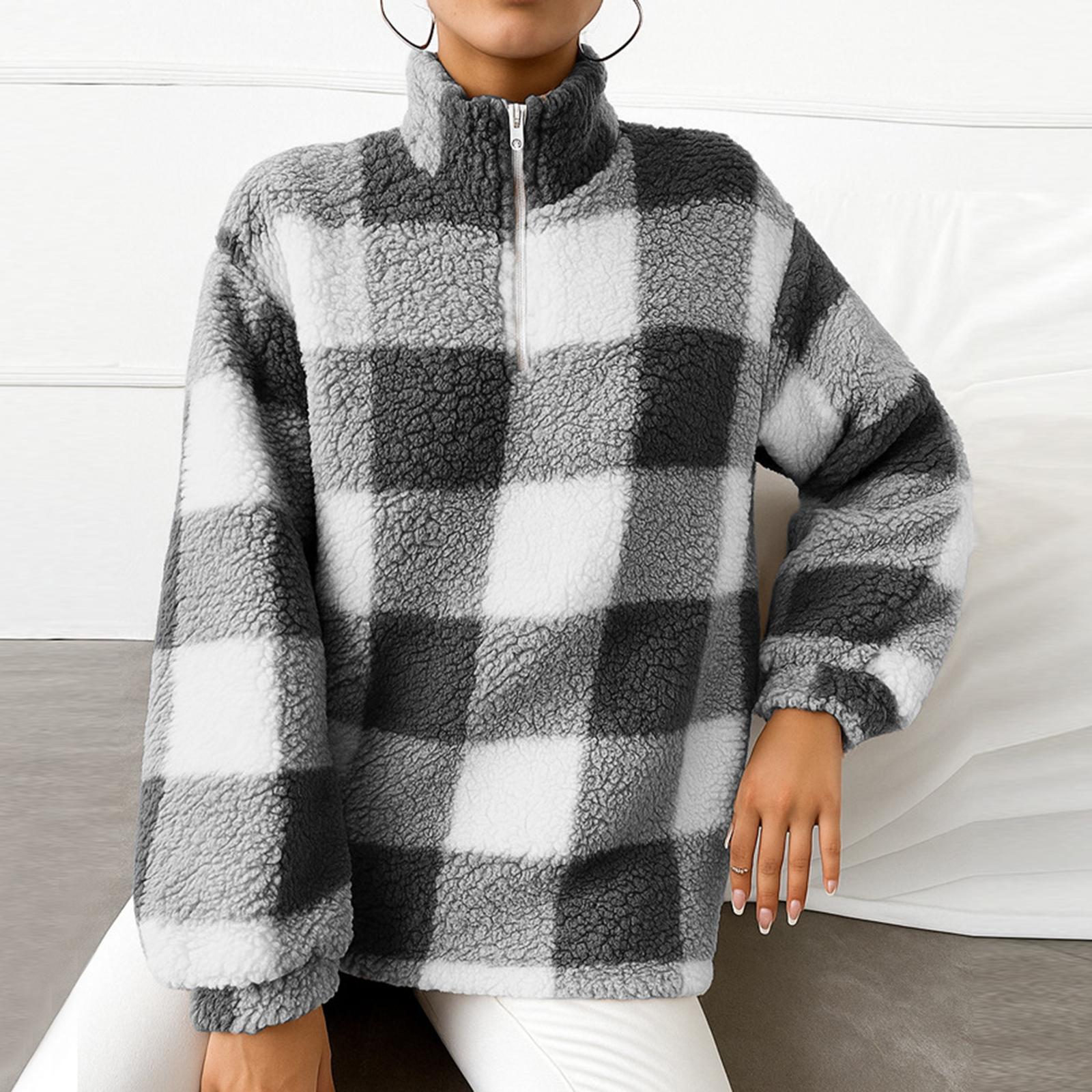 

Women s Fashion Stand Up Collar Zipper Long Sleeve Checkered Warm Sweatshirt Top XXL