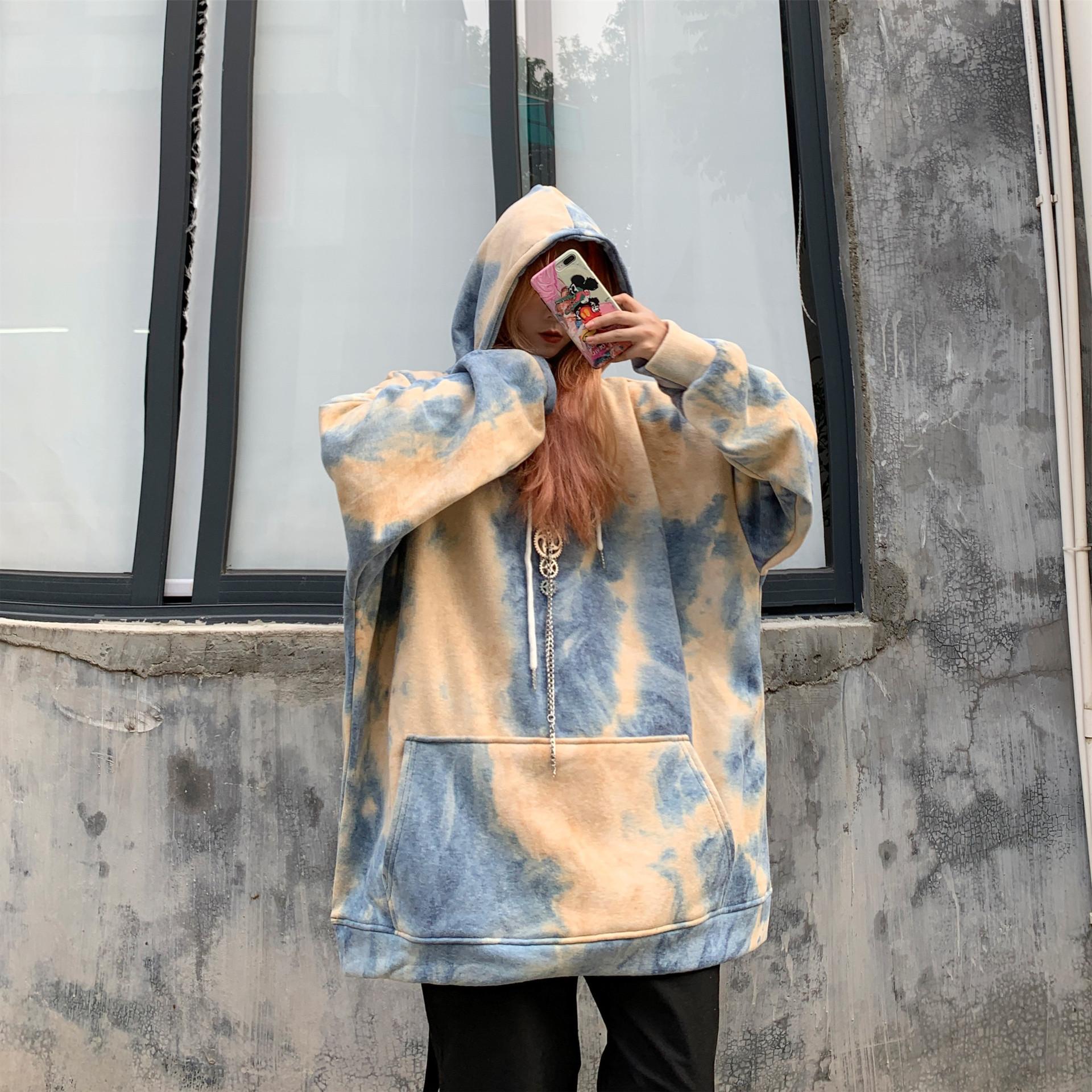 

Толстовка в стиле Харадзюку, женские толстовки в готическом стиле, топ в японском стиле, свитер с принтом тай-дай, женская свободная блузка в стиле Харадзюку с длинными рукавами XXXL синий