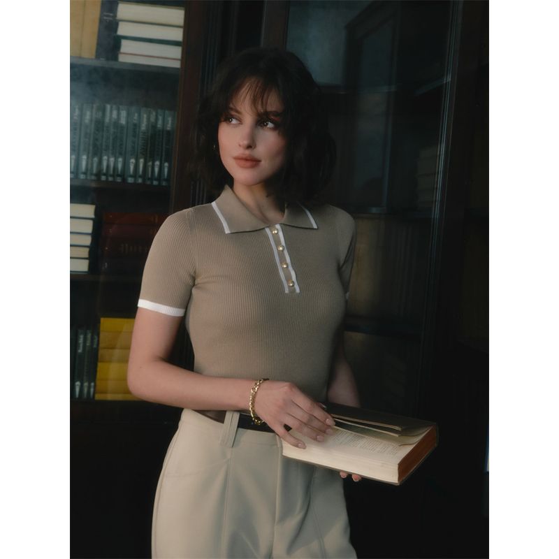 

European and American Short sleeve Lapel Top Knitted Thread Tight Contrast Color Temperament Slim fit Knit Women Knitted Top Khaki JPL