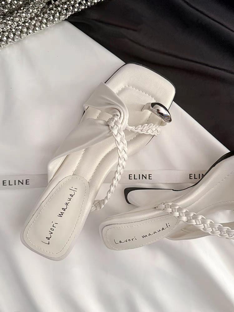 Slope heel soft-soled slippers women's summer new set of toe-woven one-word slips holiday beach sandals