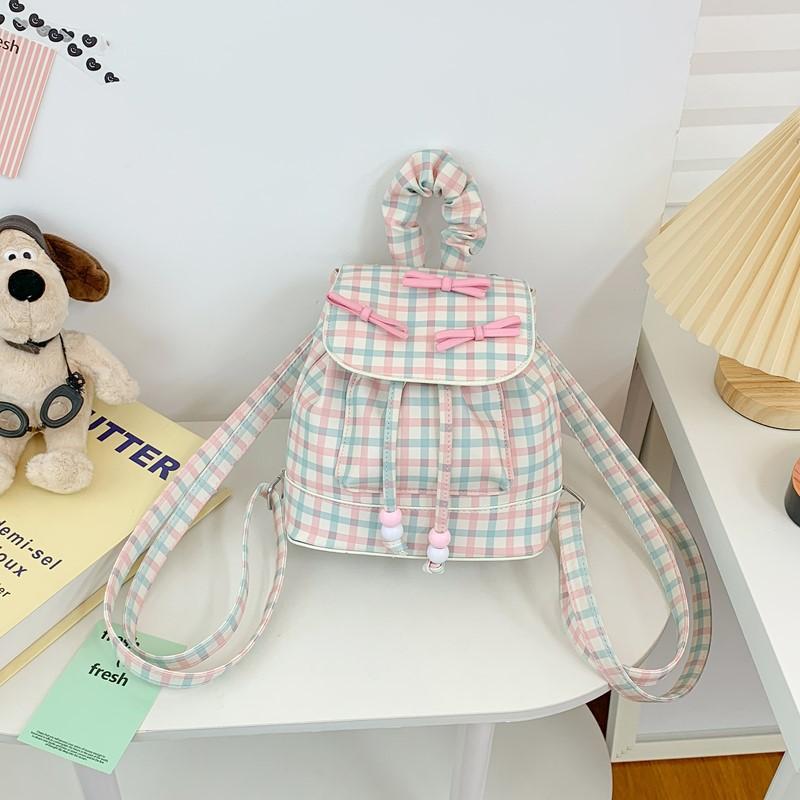 

Pink plaid soft leather fashion backpack women s new niche design bow flip drawstring backpack