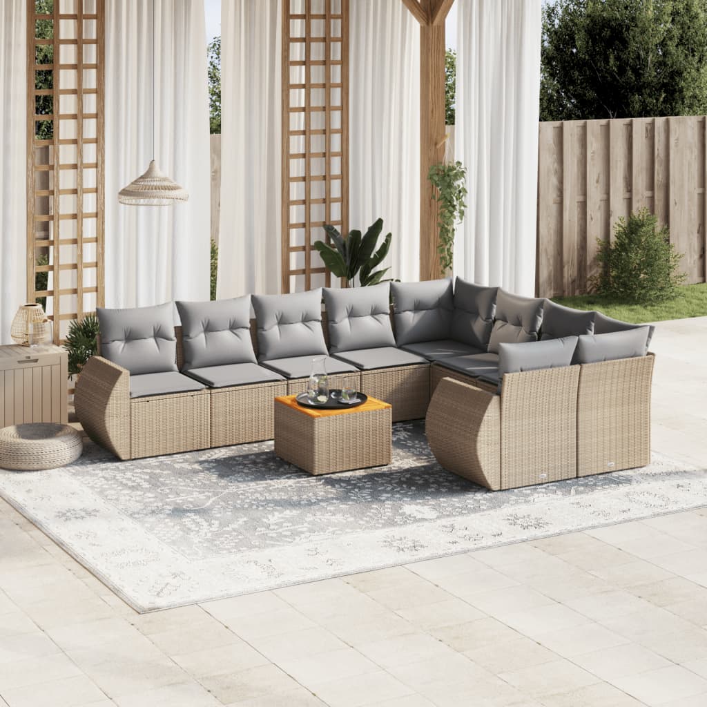 Vidaxl 10-Cz. Garden Furniture Set With Cushions, Beige, Poly Rattan
