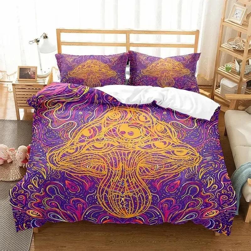 TOP New Colorful Mushroom Duvet Cover Microfiber Mandala Pattern Bedding Set Bohemian Magic Mushroom Quilt Cover