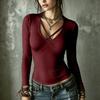 Women's Color V-Neck Long Sleeve Cross Strap Casual Blouse