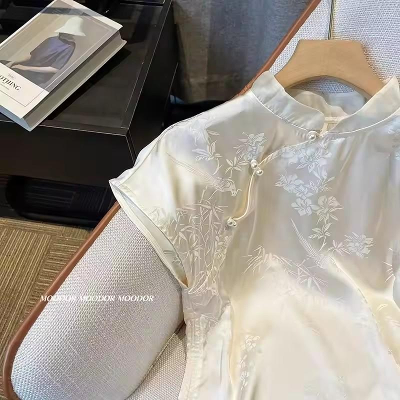 Chinese Women Short Sleeve Printed Satin Shirt Summer Stand-Up Collar Chic Elegant Women's Blouse Retro Summer Thin Sof