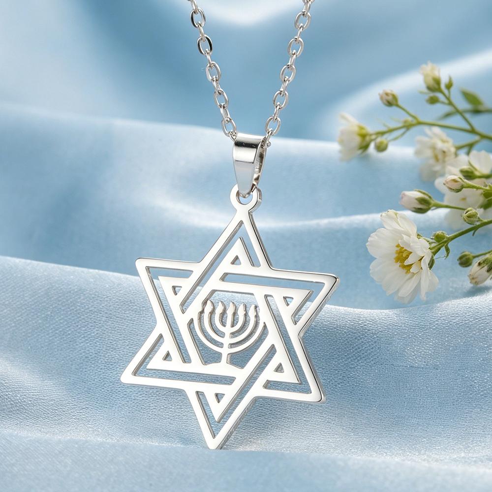 Star of David Hanukkah Menorah Necklace Stainless Steel Hexagram Protection Amulet Religious Pendant Je Jewelry