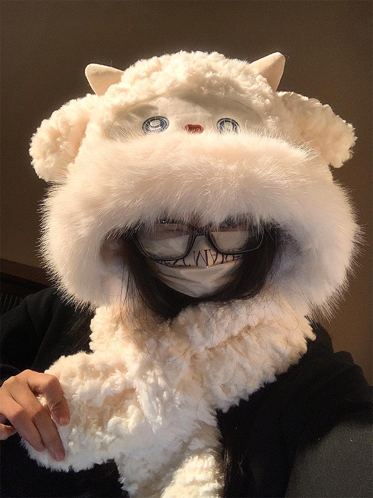 Cute Wool Plush Hat Scarf Integrated for Women Korean Version In Autumn and Winter Thickened Cold and Warm Student Ear Protection Hat Trend