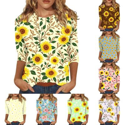 Women Casual 3/4 Sleeve Floral Print Top Round Neck Blouse Lightweight Comfortable Fit Stylish Design