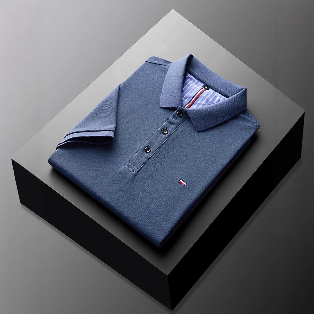 Polo à Manches Courtes pour Homme Couleur Unie Revers Tempérament Respirant Business Décontracté T-Shirt Bleu