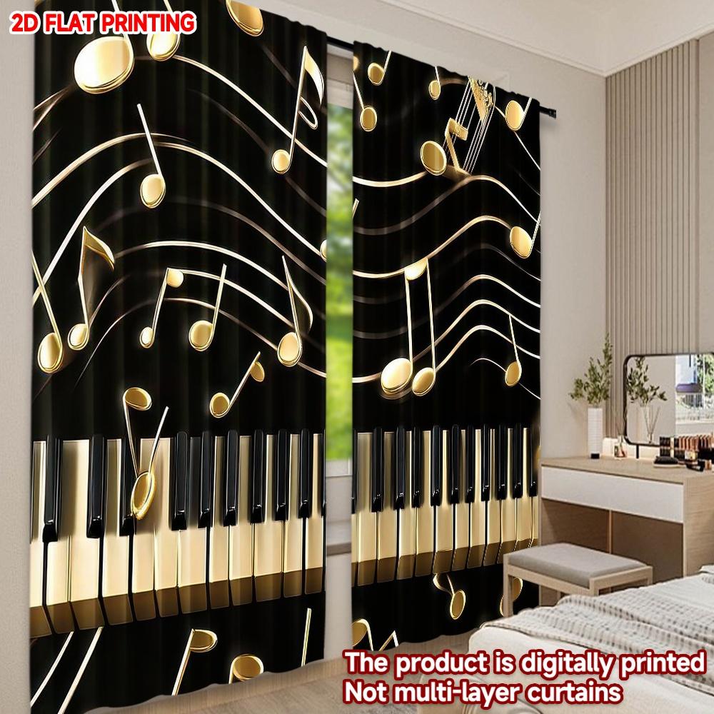 2D flat printing 2pcs Curtain Golden Musical Harmony Digital Printed Polyester Drapes Seasonal Party & Holiday Decor for Holiday