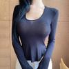 Korean Dongdaemun Low-Cut Slimming Long Sleeve T-Shirt with Curved Hem - Women's Clothing