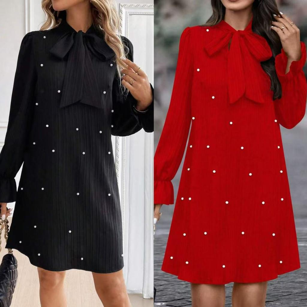 Spring Women's Bow Tie Beaded Long Sleeve Solid Colour Dresses