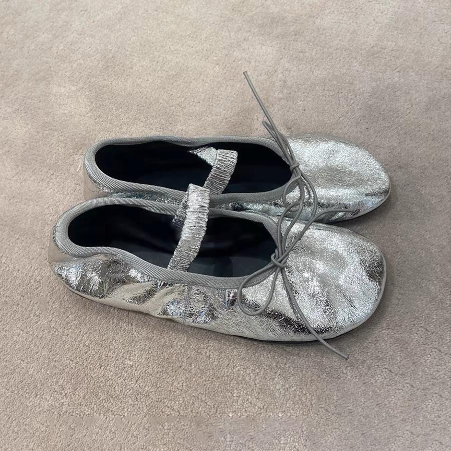 

Кожаные туфли-лодочки с серебристой эластичной лентой и бантом на плоской подошве для женщин 40 жёлтый