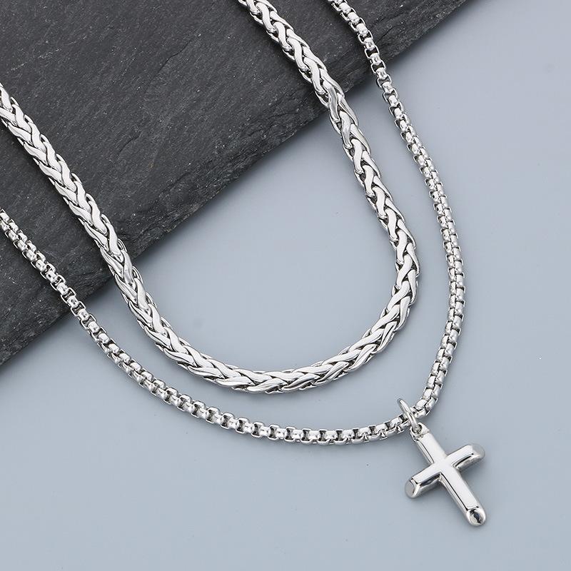 2025 Men's Stacked Cross Pendant Versatile Small Chain Men's Necklace Accessories