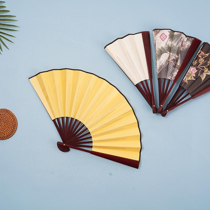 8/10 Inch Men's Silk Folding Fan with Red Bone - Red, Yellow, White & Black Options