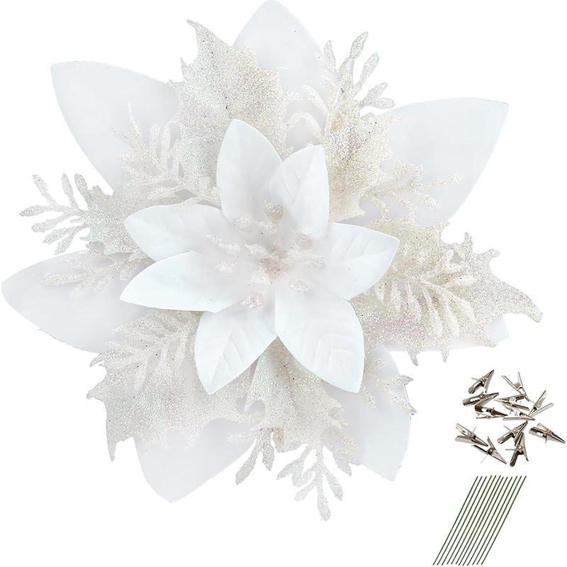 5/10 Stück Glitzer 14 cm künstliche Blumen mit Clips Stielen Weihnachtsdekoration Weihnachtsbaumschmuck Frohes Neues Jahr Navidad 2025 Deko