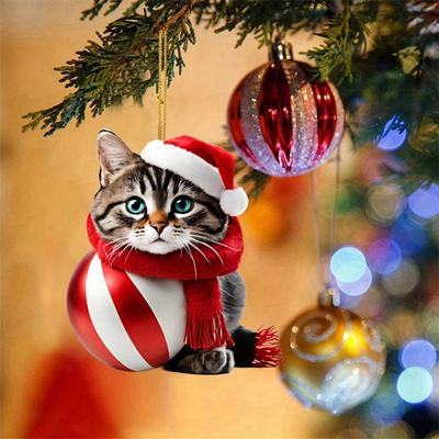 1pc Bonito Desenho Animado Gato Árvore de Natal Pingente - Enfeite Pendurado - 2D Plano Acrílico Arte Artesanato Decoração para Espelho Retrovisor do Carro