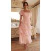 Women Fashion Backless Puff Sleeve Square Neck Long Solid Cake Dress