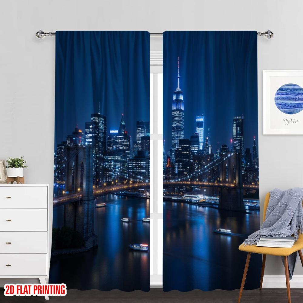 Set Of 2 Flat Printing Window Treatment Curtains Skyline Durable Polyester Fabric Without Electricity Festive Backdrops Curtain