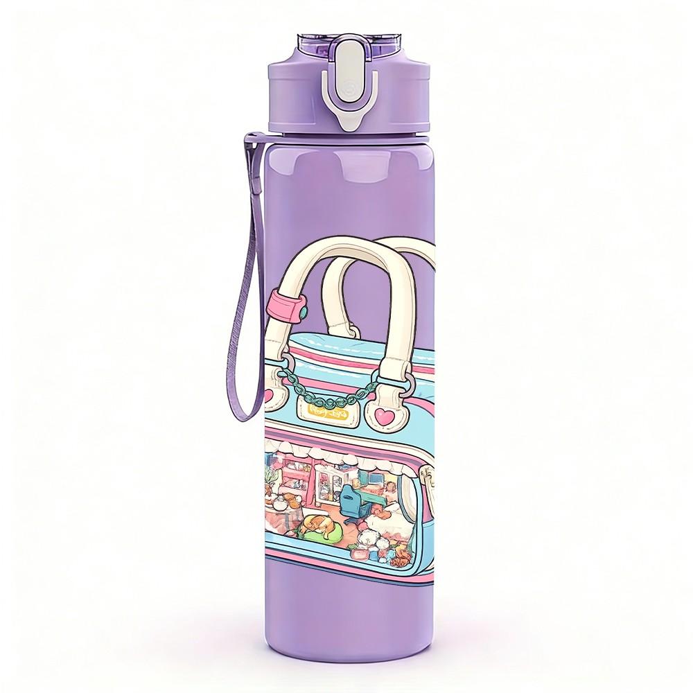 1PC Colorful Handbag Cartoon 750ml Color Plastic Sports Water Bottle Leakproof Flip Straw Lid Suitable for Sports Office Home Use