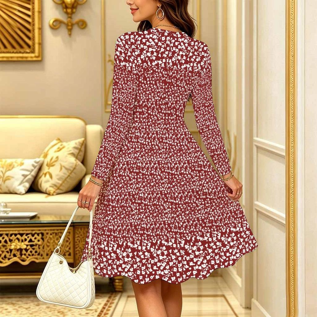 Women Long Sleeve Round Neck Midi Dress Abstract Ink Wash Floral Wave Print Flared Casual Dress