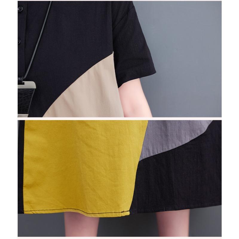 Short Sleeve Patchwork Contrast Color Dresses for Women Loose Casual Vintage Dress Fashion Elegant Clothes Spring Summer 2025
