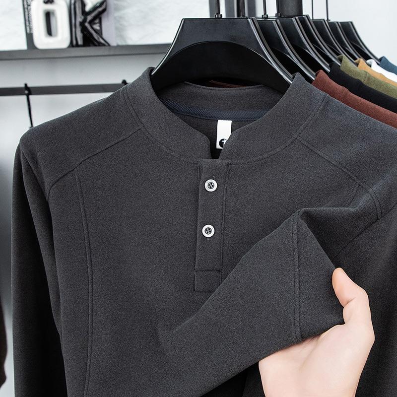 Spring Autumn Stand Collar Casual Fashion Bottomed T-shirt Male Long Sleeve Solid Color Tee Pullover Top Men