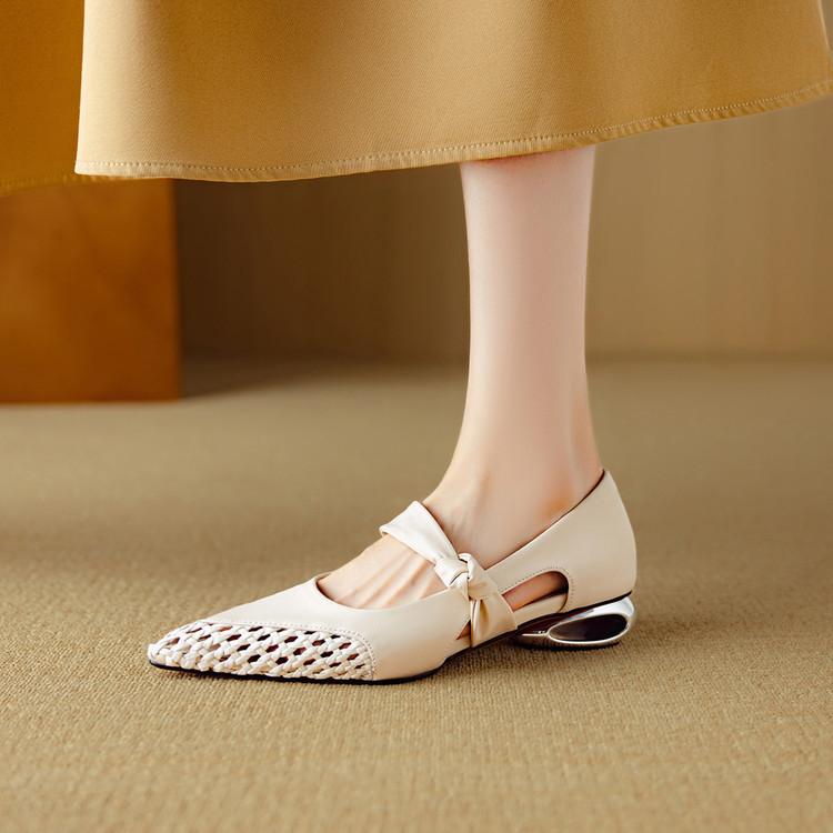 Great Good To Wear Single Shoes Women Spring Summer Woven Hollow Pointed Low Heel Thick Heel Medium Heel Soft Leather Sandals Women