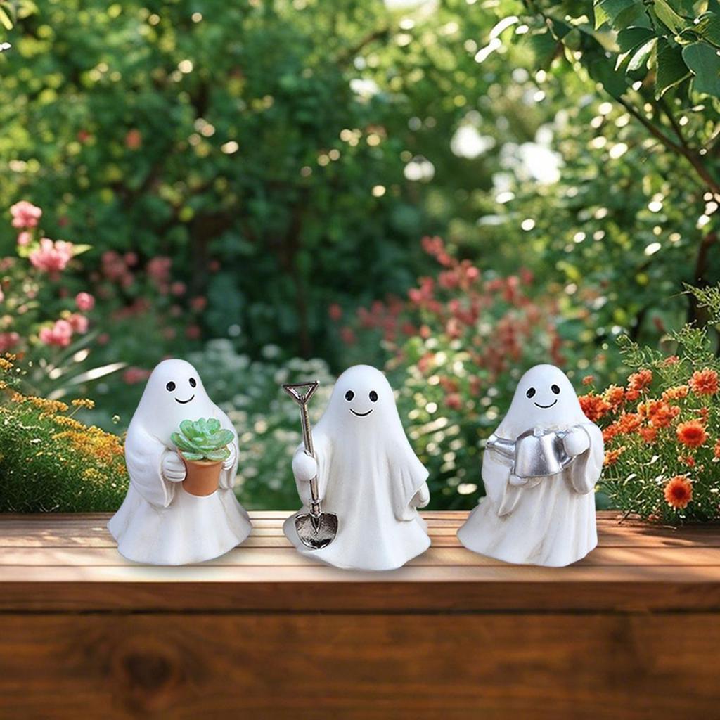 3pcs Garden White Ghost Set Ornaments Halloween Decorations Resin Horror Cute Ghost Sculptures For Indoor Outdoor Garden Yard
