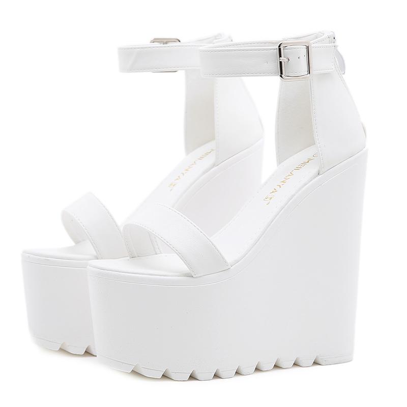 Fashion 16cm White Wedge Heel New Summer Thick Heel Platform Dance Shoes Sexy T-stage Night Club Super High Heel Women's Sandals