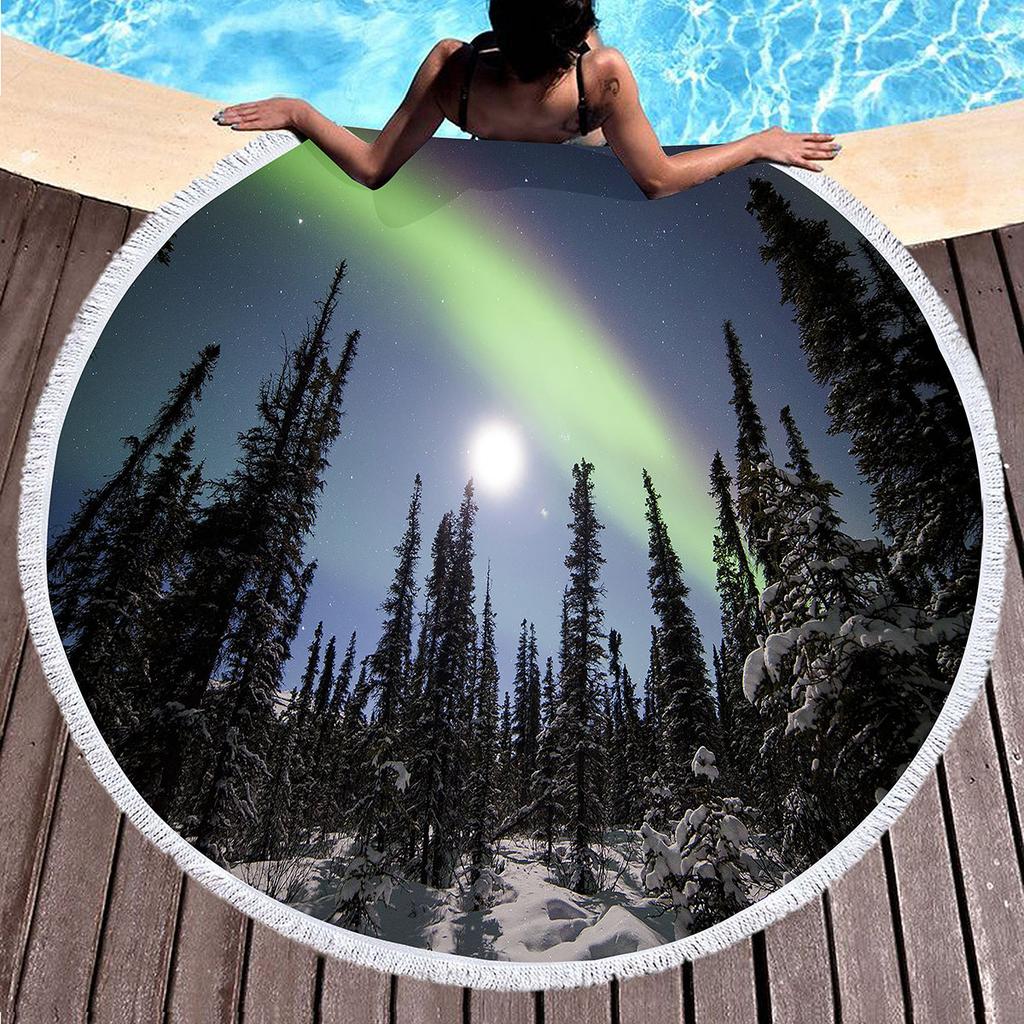 Northern Lights Printed Round Beach Towel,Polyester Sand Resistant Beach Towels,Soft Absorbent Quick Dry Pool Towel Picnic Mat