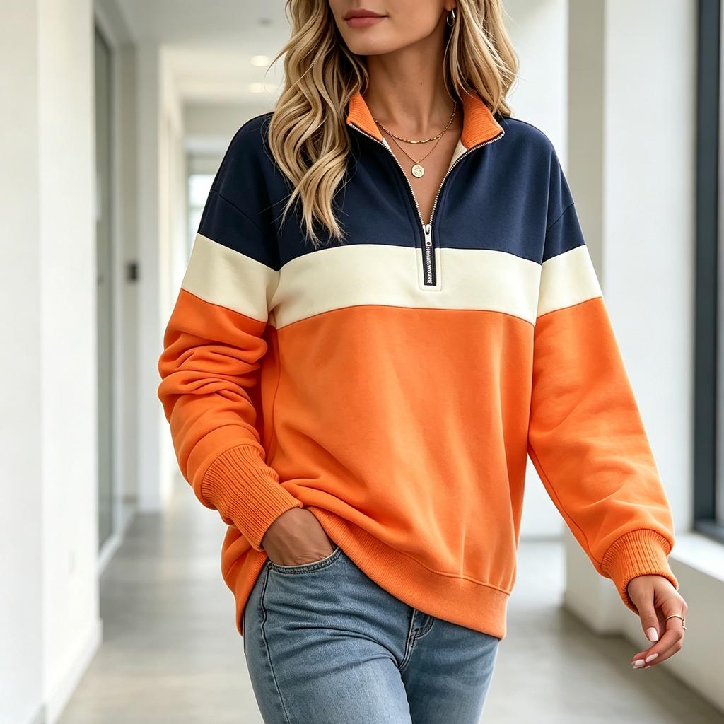 Women's Half-Zip Long Sleeve Sweatshirt, Loose Fit Relaxed Casual Pullover Top for Daily Wear