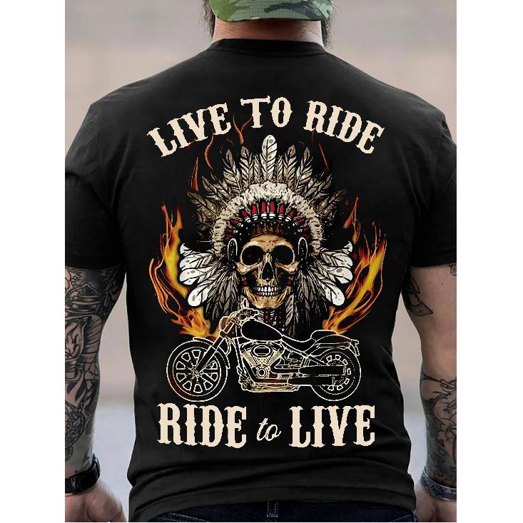 Herren Übergröße Live to Ride Motorrad T-Shirt - Culture Apparel mit Totenkopf & Feder Motorrad Design, Weiches Baumwoll Rundhals Kurzarm T-Shirt für