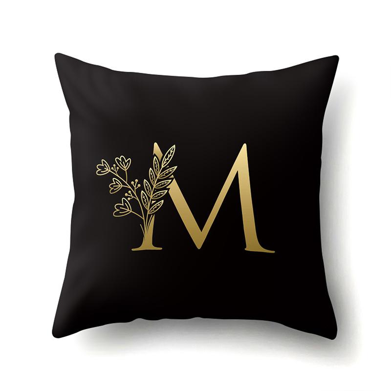 Polyester Pillowcase Car Decoration Black Gold Flower Pillowcase 26 English Letters Home Cushion Cover