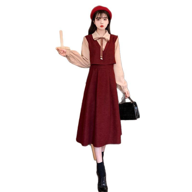 Women's Plus Size French Retro Red Corduroy Spliced Two-Piece Dress, Autumn/Winter Style