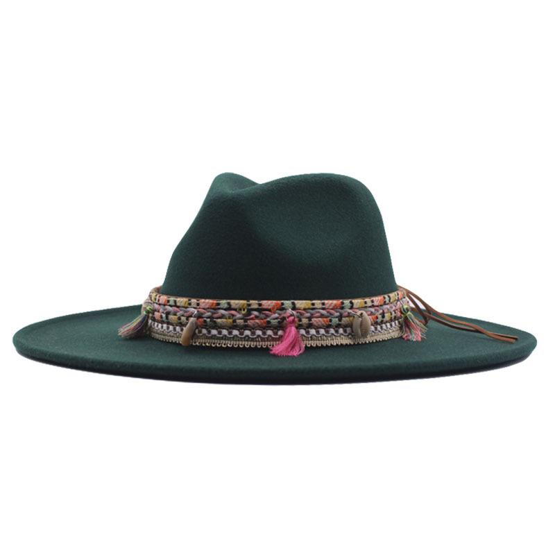 Autumn and Winter Retro Woolen Top Hat Women's New Ethnic Style Jazz Hat European and American Bell-shaped Hip-hop Cm Big Brim Felt Hat