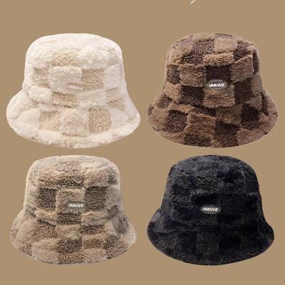 Lamb Wool Bucket Hat Women'S Winter Plush Warm Thickened Basin Hat Small Plaid Bucket Hat