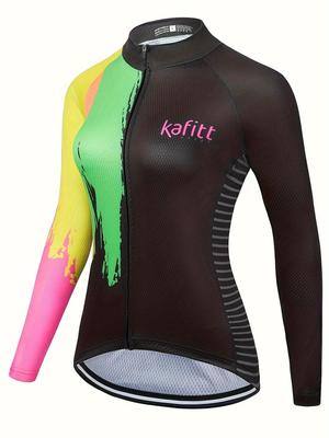 Langärmliges Damen-Radtrikot, Rundhals-Oberteil für Rennrad, Durchgehender Reißverschluss, Atmungsaktiv und Schnelltrocknend, Mit Drei Gesäßtaschen.