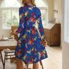 Women's Fashionable Retro Printed Color Blocked Waist Belt Casual Long Sleeved Dress
