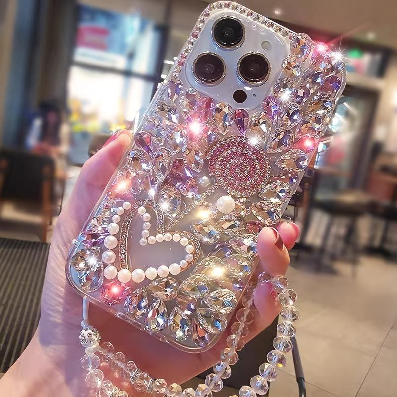 Luxury Fashion Crystal Pink Hardware Lollipop Pearl Heart Drop-Proof Phone Case with Crystal Lanyard, Suitable for iPhone 17 Pro Max / 16 Plus