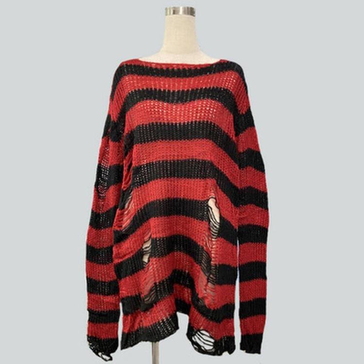 Unisex Women Cool Thin Loose Gothic Striped Long Jumper Dark Punk Streetwear Hollow Out Top Broken Hole