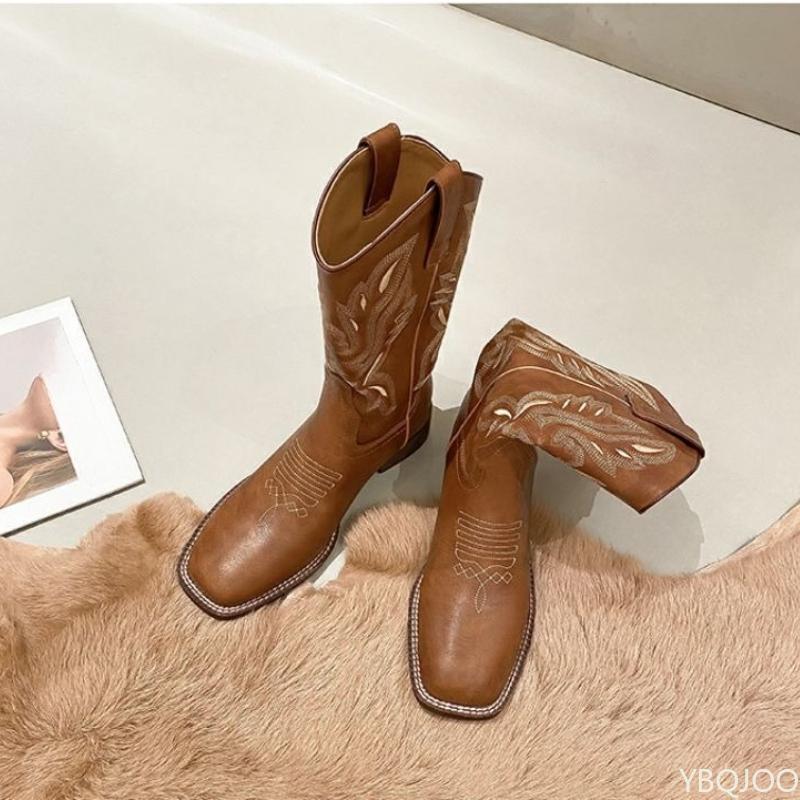 Модные универсальные ботинки на толстом каблуке, вышивка V-образного выреза, винтажная межподошва, квадратный носок, модные простые удобные женские туфли