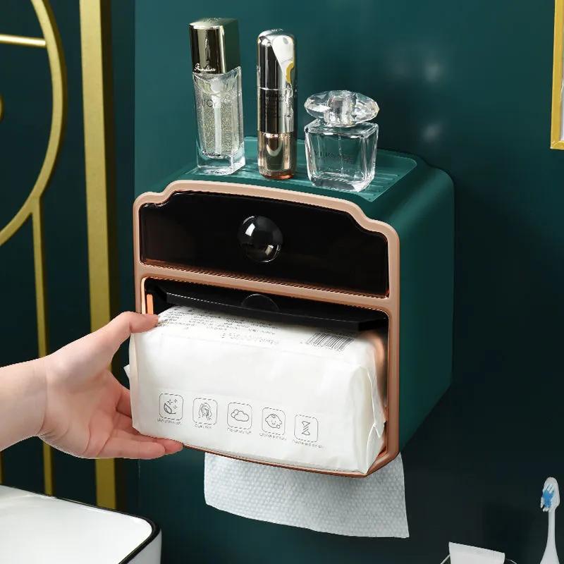 WTEMPO Haushalts-Tissue-Box Wandmontierte perforierte Toilettenpapierschublade Toilette Wasserdichte Rollen-Toilettenpapierhalter