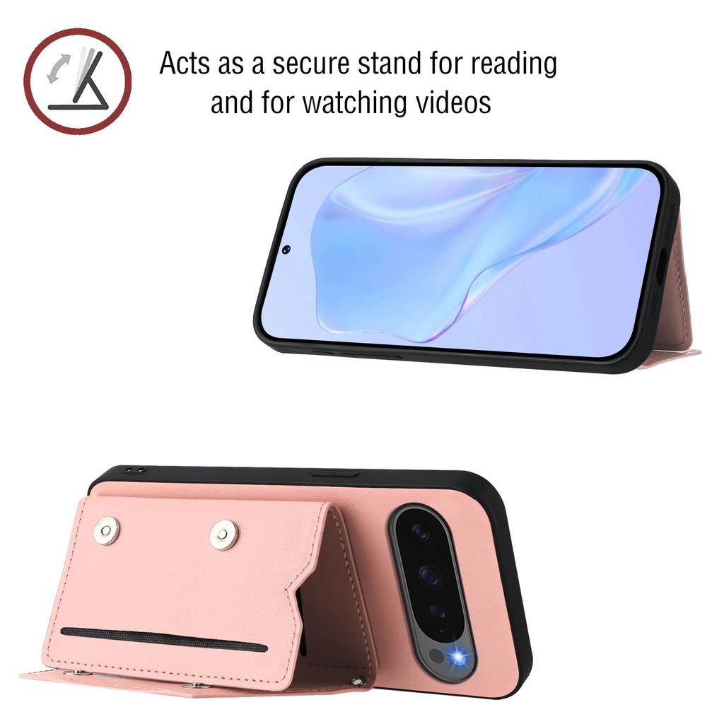 For Google Pixel 10 Pro XL Case Card Holder Kickstand Skin-Touch Phone Cover with Wrist Strap