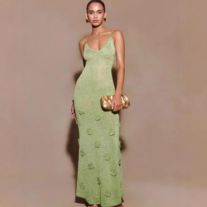 

Light Green Sequin Strapless Maxi Dress with 3D Floral Embellishments L