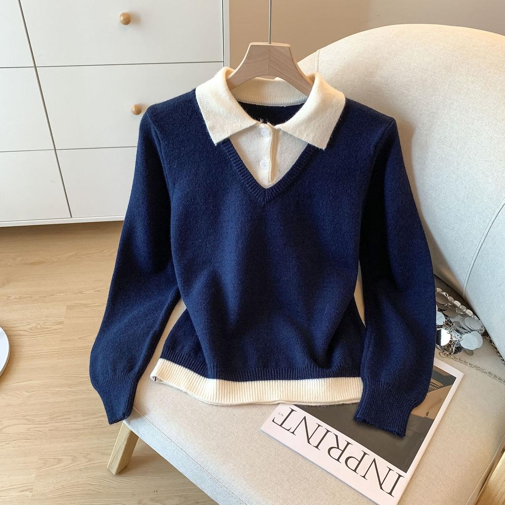 Fake two-piece polo-neck top women's autumn slim-fitting and thin knitted sweater